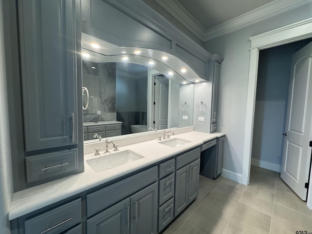 89 S Ryder Cup, Hideaway, TX 75771 - full bath with crown molding, double vanity, a freestanding bath, tile patterned flooring, and a shower