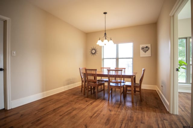 dining area with a chandelier, a wealth of natural light, and dark wood-type flooring