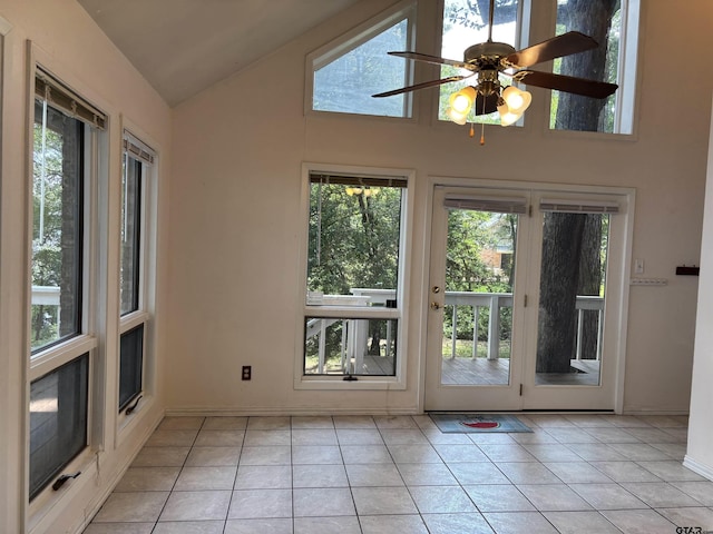 20868 Bay Shore Dr, Flint, TX 75762 - doorway with light tile patterned flooring, plenty of natural light, high vaulted ceiling, and ceiling fan