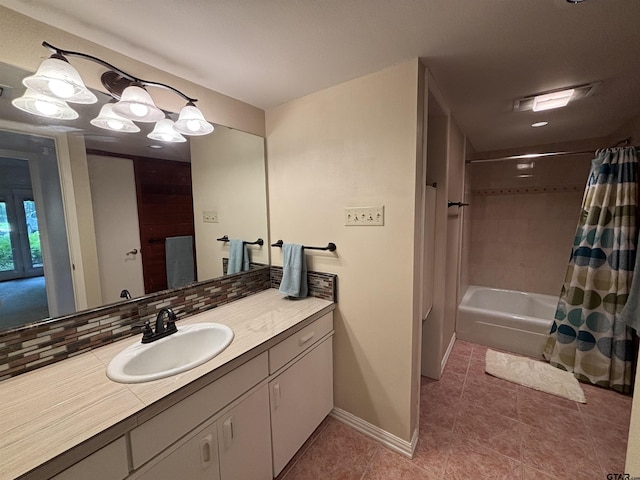 20868 Bay Shore Dr, Flint, TX 75762 - full bath with vanity, tile patterned flooring, shower / tub combo with curtain, and decorative backsplash