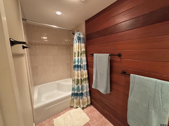 20868 Bay Shore Dr, Flint, TX 75762 - full bath with shower / tub combo, wood walls, tile patterned floors, and recessed lighting