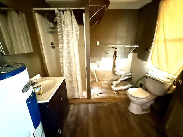 bathroom featuring hardwood / wood-style flooring, toilet, vanity, water heater, and a shower with shower curtain