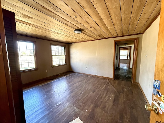 spare room featuring wood ceiling and dark hardwood / wood-style flooring