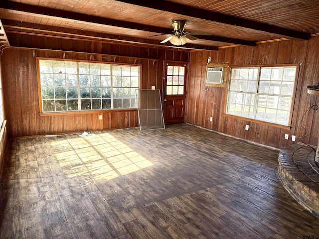 unfurnished living room featuring wood walls, beam ceiling, and wooden ceiling