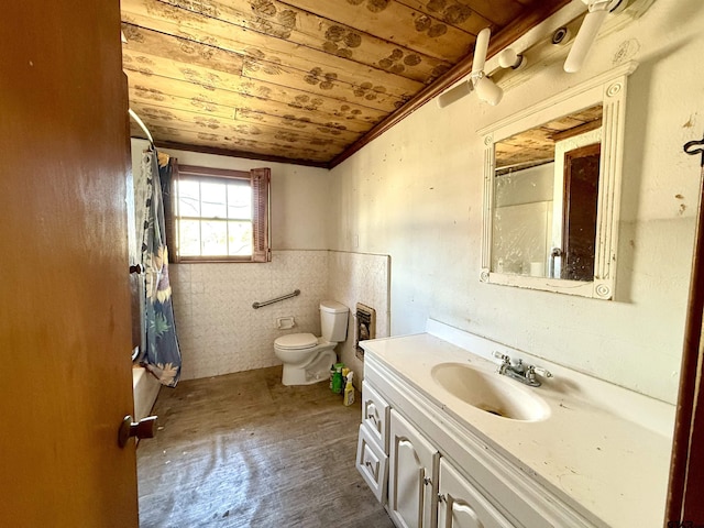 full bathroom with vanity, toilet, shower / bath combination with curtain, and wooden ceiling