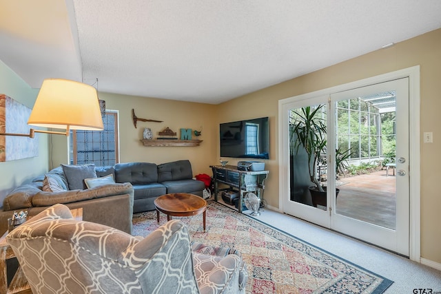 living room featuring carpet and a textured ceiling