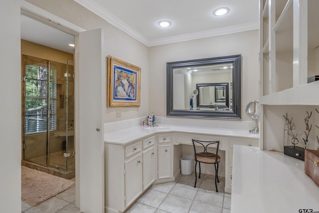 bathroom with walk in shower, vanity, tile patterned floors, and ornamental molding