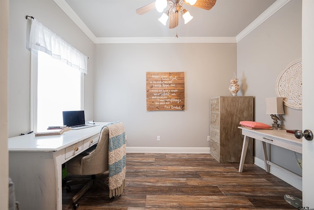 office area with crown molding, ceiling fan, and dark hardwood / wood-style floors