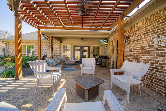 view of patio / terrace featuring an outdoor hangout area, ceiling fan, and a pergola