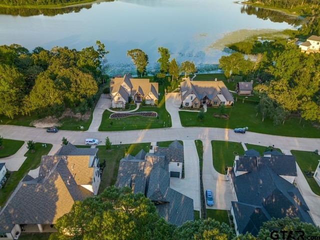 drone / aerial view with a water view