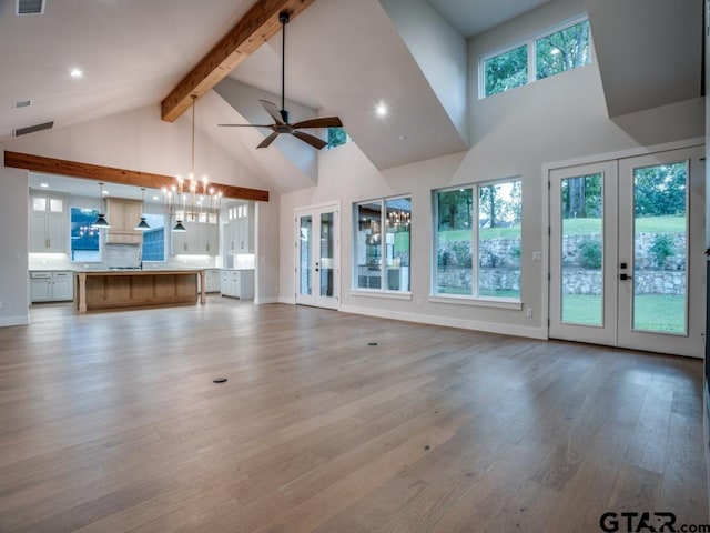 2424 Bellview Cir, Tyler, TX 75709 - unfurnished living room featuring high vaulted ceiling, beamed ceiling, a ceiling fan, light wood finished floors, and recessed lighting
