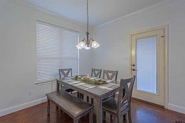 dining space featuring crown molding and an inviting chandelier