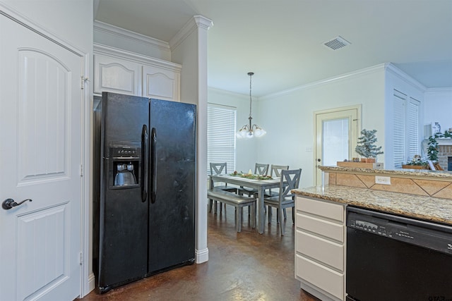 kitchen with ornamental molding, black appliances, pendant lighting, white cabinets, and a chandelier