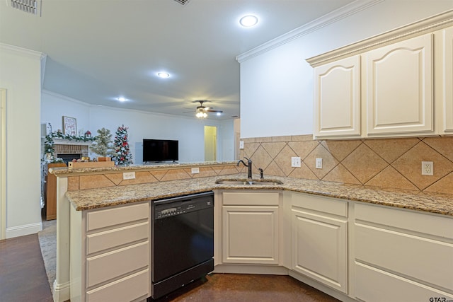 kitchen with ceiling fan, dishwasher, light stone countertops, sink, and kitchen peninsula