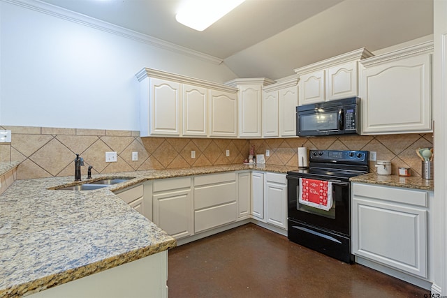 kitchen with black appliances, white cabinets, sink, light stone countertops, and tasteful backsplash