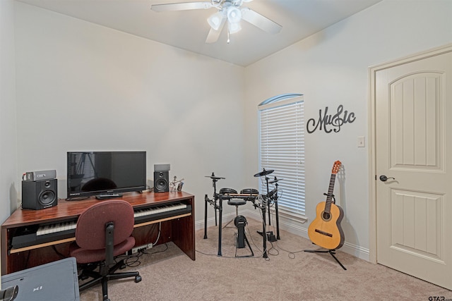 office featuring light colored carpet and ceiling fan