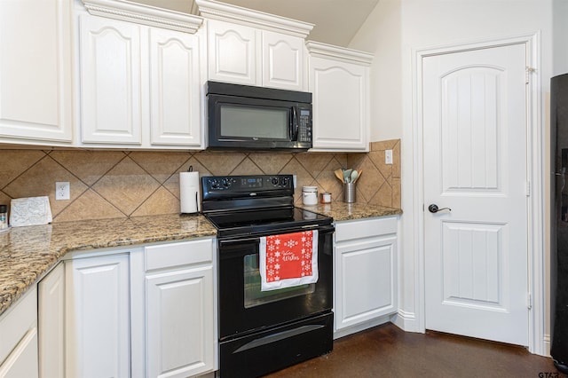 kitchen with light stone countertops, decorative backsplash, white cabinetry, and black appliances