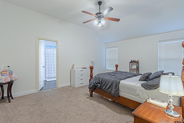 bedroom with ceiling fan, light carpet, and lofted ceiling