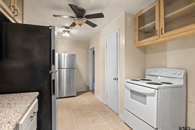 kitchen with wooden ceiling, light stone countertops, stainless steel fridge, and electric range