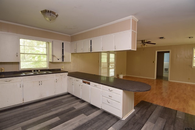 kitchen with crown molding, white cabinetry, dark hardwood / wood-style floors, sink, and kitchen peninsula