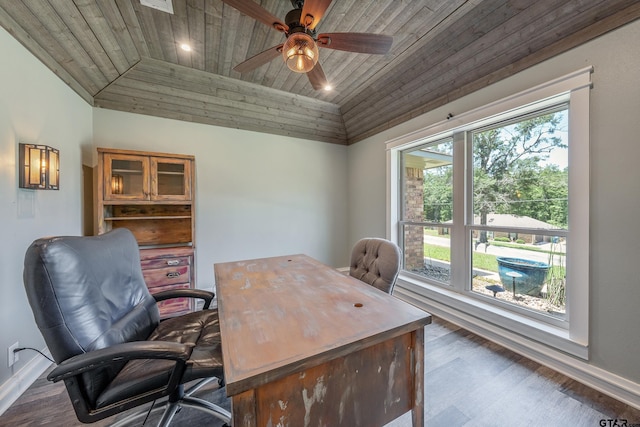 106 Forest S Dr, Whitehouse, TX 75791 - office area featuring wooden ceiling, wood finished floors, baseboards, a ceiling fan, and vaulted ceiling