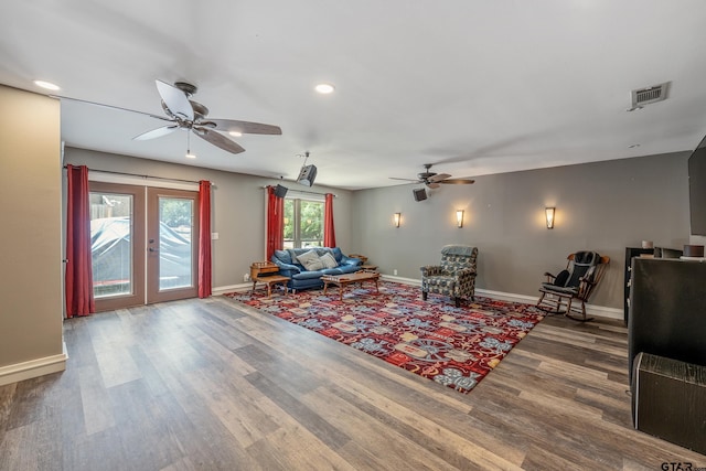 106 Forest S Dr, Whitehouse, TX 75791 - living area featuring a ceiling fan, wood finished floors, french doors, baseboards, and recessed lighting