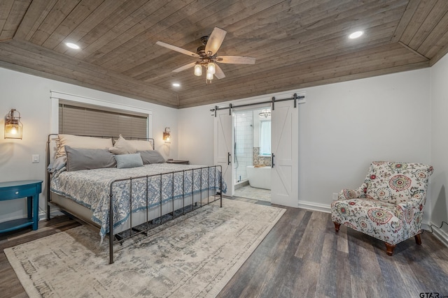 106 Forest S Dr, Whitehouse, TX 75791 - bedroom with wooden ceiling, a barn door, wood finished floors, baseboards, and recessed lighting
