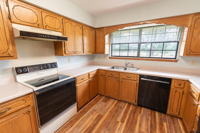 kitchen featuring dishwasher, sink, dark wood-type flooring, and white electric range