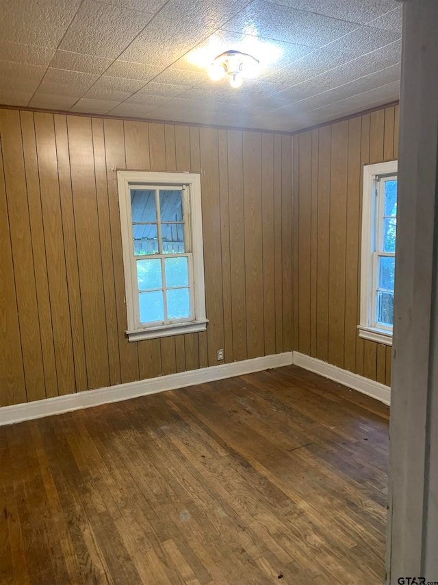 spare room with wood walls and dark hardwood / wood-style floors