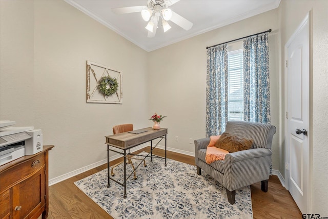 523 Southcreek Dr, Chandler, TX 75758 - office space featuring a ceiling fan, wood finished floors, ornamental molding, and baseboards