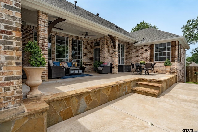 523 Southcreek Dr, Chandler, TX 75758 - view of patio / terrace featuring ceiling fan, an outdoor hangout area, and fence