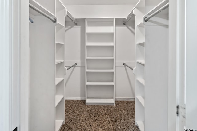 walk in closet featuring dark carpet