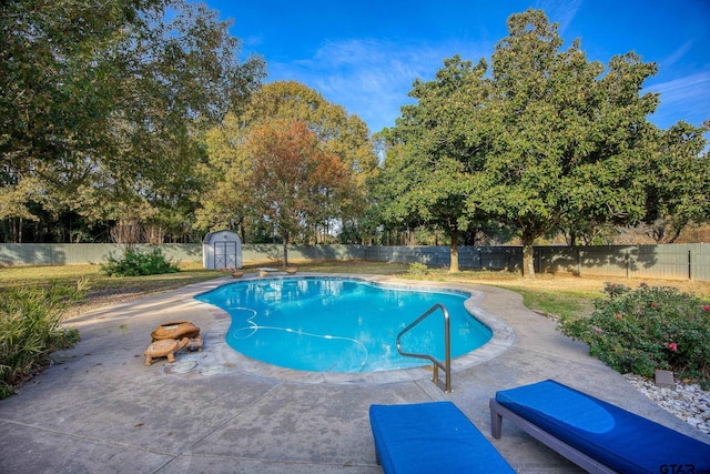 view of swimming pool with a patio and a storage shed