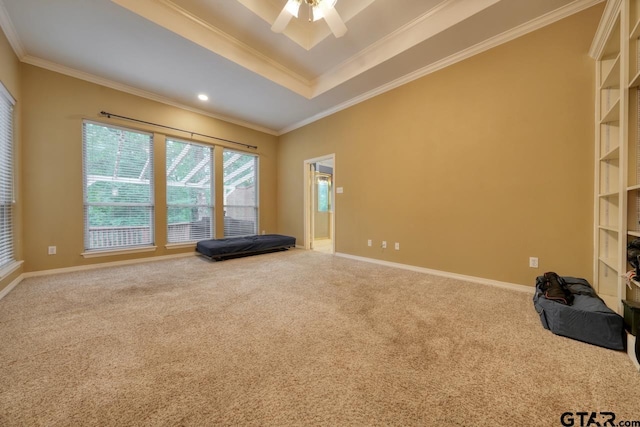 3606 Brookview Ct, Tyler, TX 75707 - unfurnished room featuring carpet flooring, crown molding, a ceiling fan, a tray ceiling, and recessed lighting