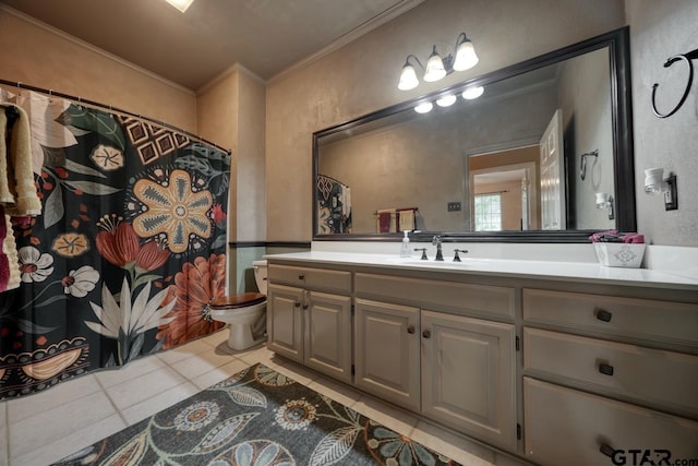 3606 Brookview Ct, Tyler, TX 75707 - full bath with tile patterned flooring, vanity, crown molding, a shower with curtain, and a textured wall
