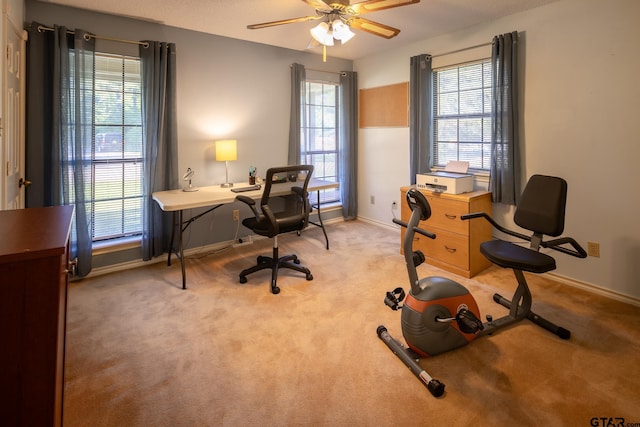 carpeted office featuring ceiling fan