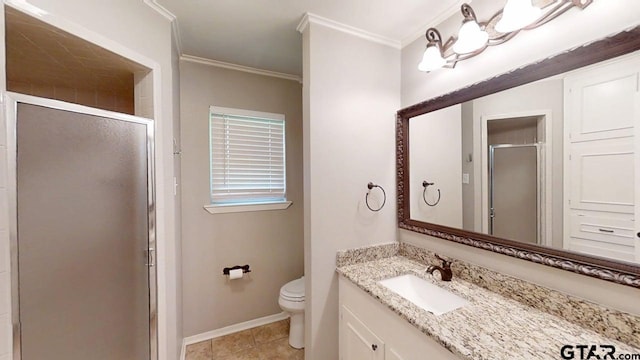 518 Meadow Creek Dr, Tyler, TX 75703 - bathroom with vanity, a shower stall, ornamental molding, and tile patterned floors