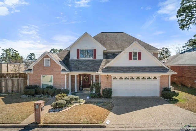 302 Tealwood Dr, Longview, TX 75605 - traditional home with fence, concrete driveway, brick siding, a garage, and a shingled roof