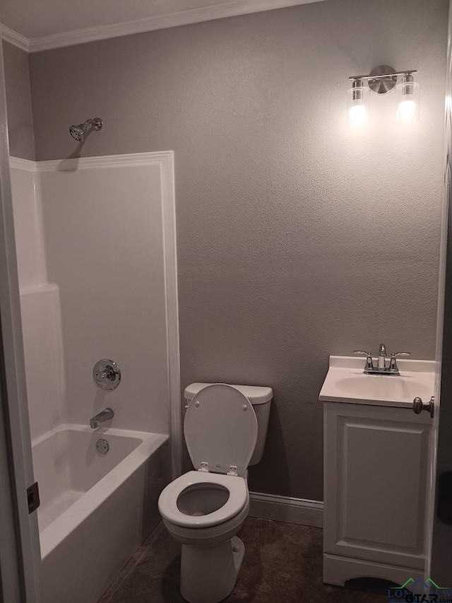 bathroom featuring toilet, vanity, crown molding, baseboards, and shower / bathing tub combination