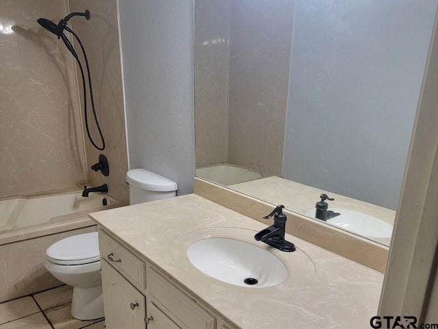 bathroom with toilet, bathtub / shower combination, tile patterned flooring, and vanity