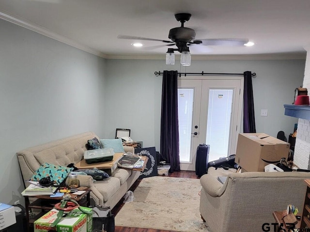 living room featuring ceiling fan, french doors, wood finished floors, ornamental molding, and recessed lighting