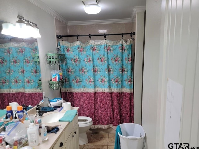 full bathroom with a bath, vanity, toilet, ornamental molding, and a shower with shower curtain