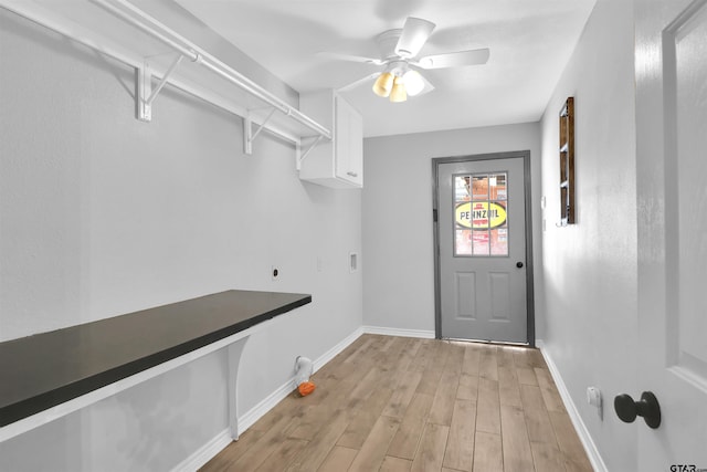 mudroom featuring ceiling fan and light hardwood / wood-style flooring