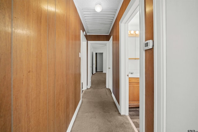 hallway with wood walls, sink, and light carpet