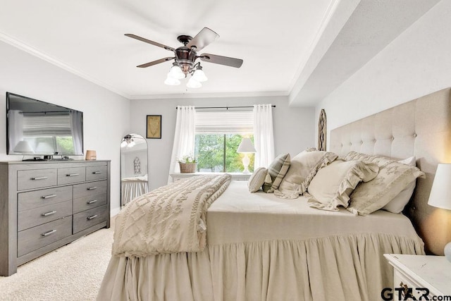 425 Lakeview Dr, Hideaway, TX 75771 - bedroom featuring ornamental molding, light colored carpet, and a ceiling fan