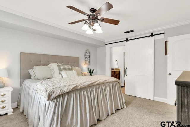 425 Lakeview Dr, Hideaway, TX 75771 - bedroom featuring light colored carpet, a barn door, ornamental molding, baseboards, and a ceiling fan