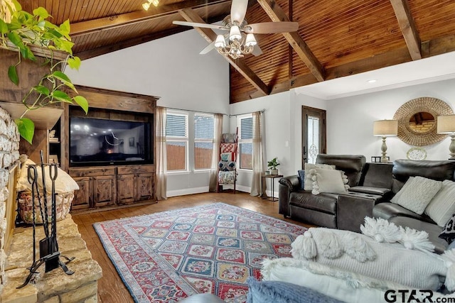 425 Lakeview Dr, Hideaway, TX 75771 - living room with wood ceiling, ceiling fan, beam ceiling, high vaulted ceiling, and wood finished floors
