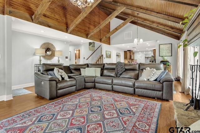 425 Lakeview Dr, Hideaway, TX 75771 - living area featuring a chandelier, wooden ceiling, stairs, beamed ceiling, and hardwood / wood-style floors