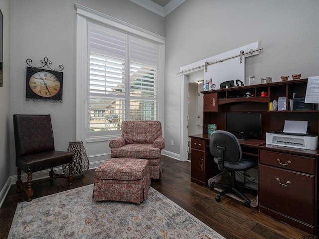 office space featuring dark wood-style floors, crown molding, and baseboards