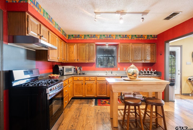 kitchen featuring under cabinet range hood, visible vents, stainless steel appliances, and light wood finished floors